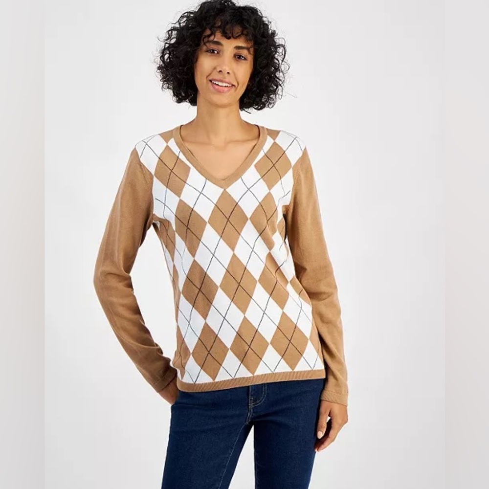 TOMMY HILFIGER Lightweight Cotton Argyle V-Neck Sweater Brown Sugar | Size Large